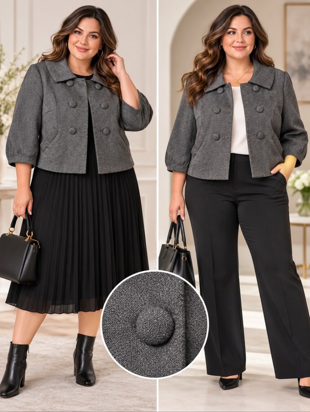 EUC Sharagano Studio charcoal cropped pea coat hook closure 3/4 sleeve Women 18w